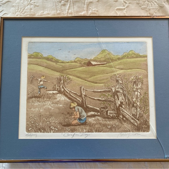 Miriam Ecker "Hand Signed & Etching" "CAREFREE DAYS” CHILDREN FLOWERS BOYS FIELD - Picture 14 of 14